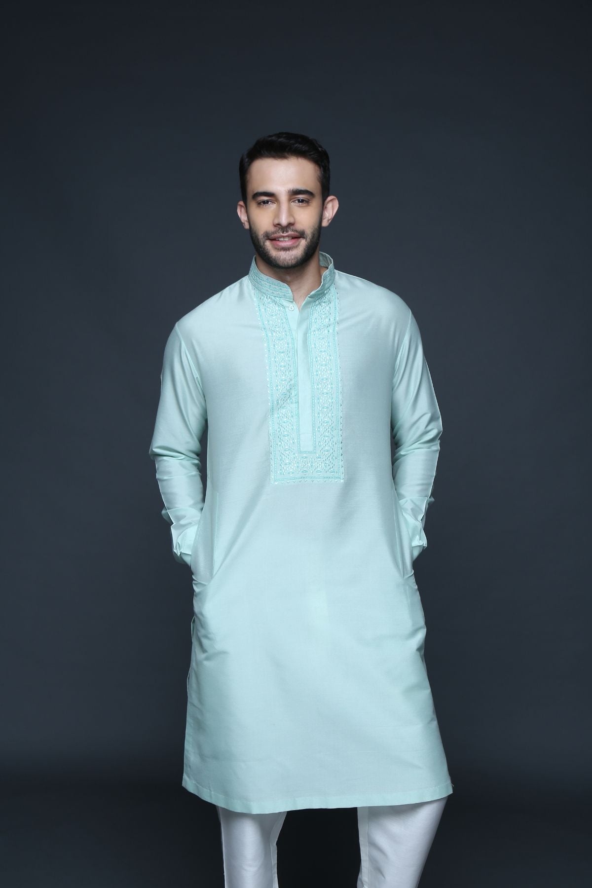 Salim Merchant in Sea Green Hand Block Printed Embroidered Bundi Kurta Set