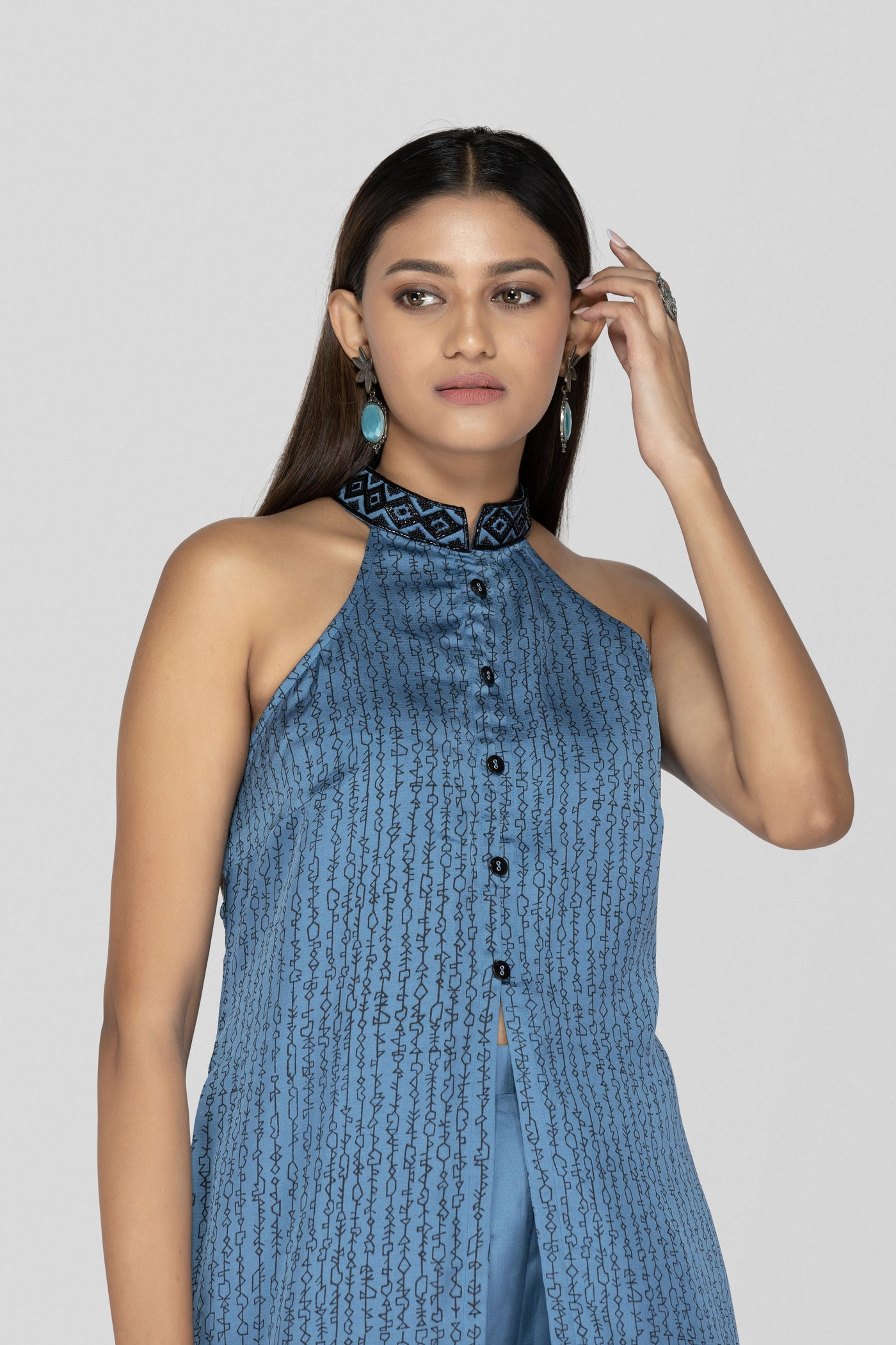 Command Blue Hand Block Printed Halter Neck Co-ord Set