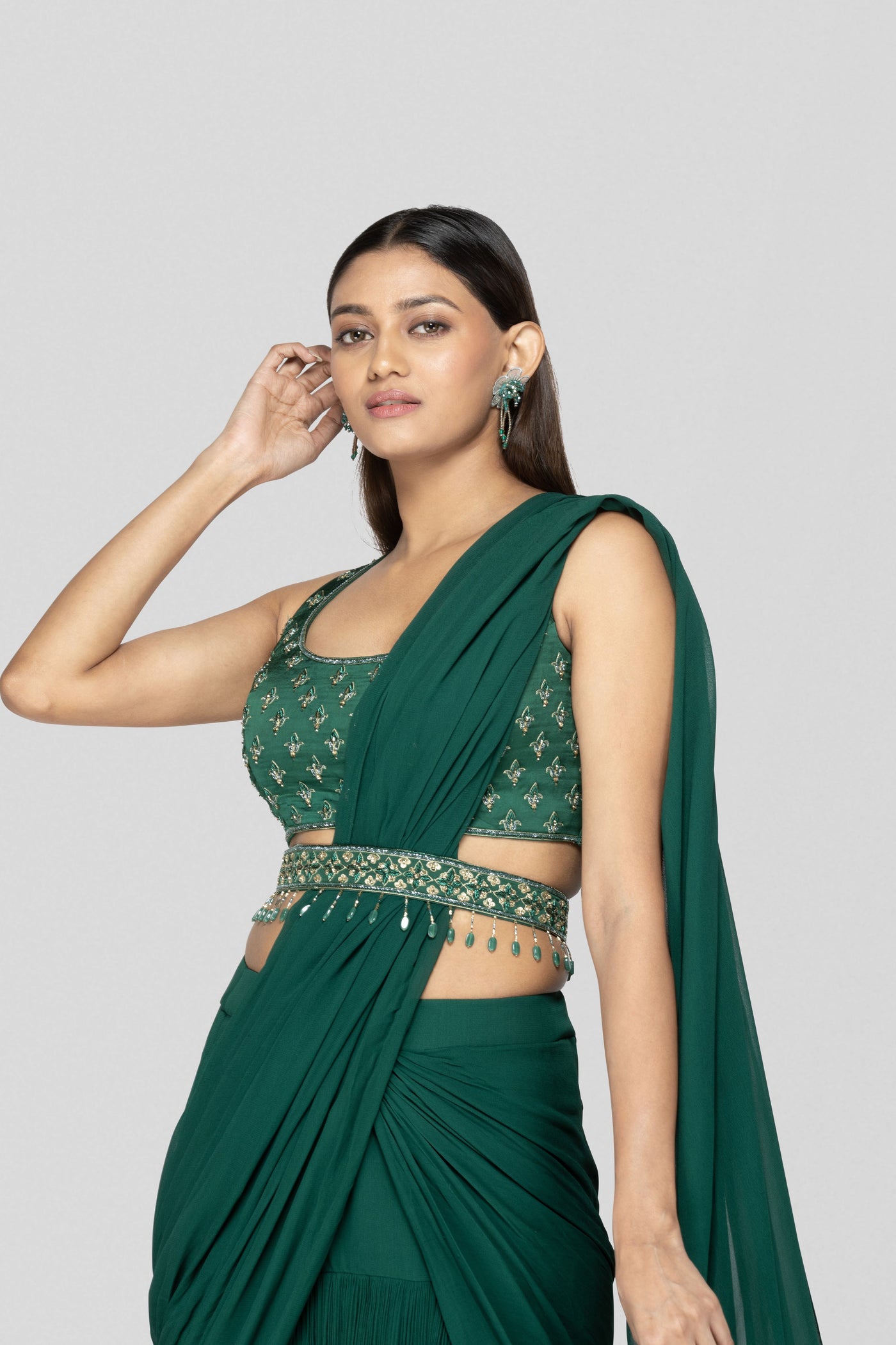 Emerald Green Pre Drape Saree With Blouse