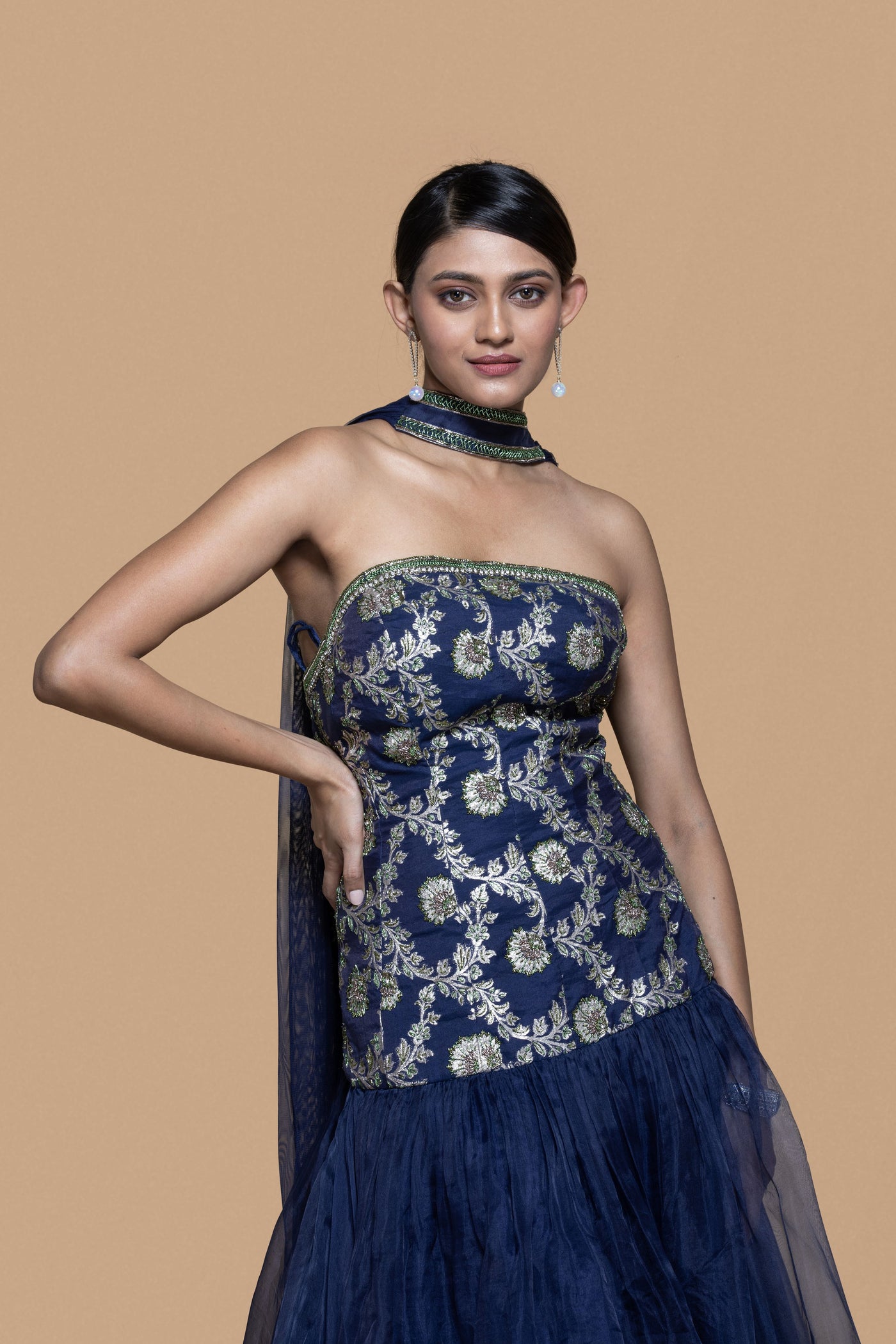 Blue Embroidered Brocade Dress With Dupatta