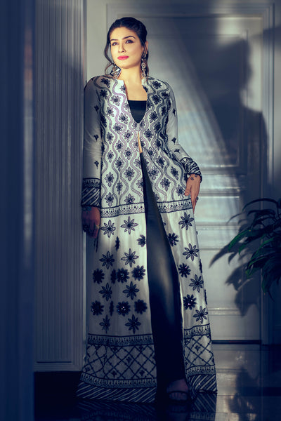 Raveena Tandon in Black & White Applique Work Jacket Set