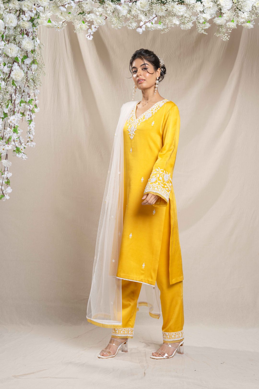 Yellow Kurta Set With Exquisite Neck And Sleeve Embroidery