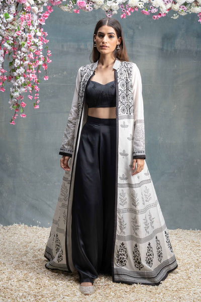 Ivory And Black Hand Block Printed & Embroidered Jacket  Set