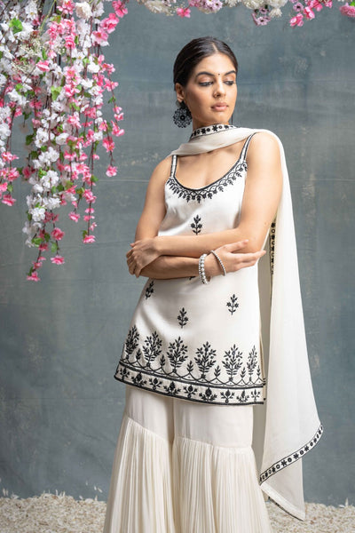 Ivory And Black Gharara Set With Mirror And Dori Work Embroidery