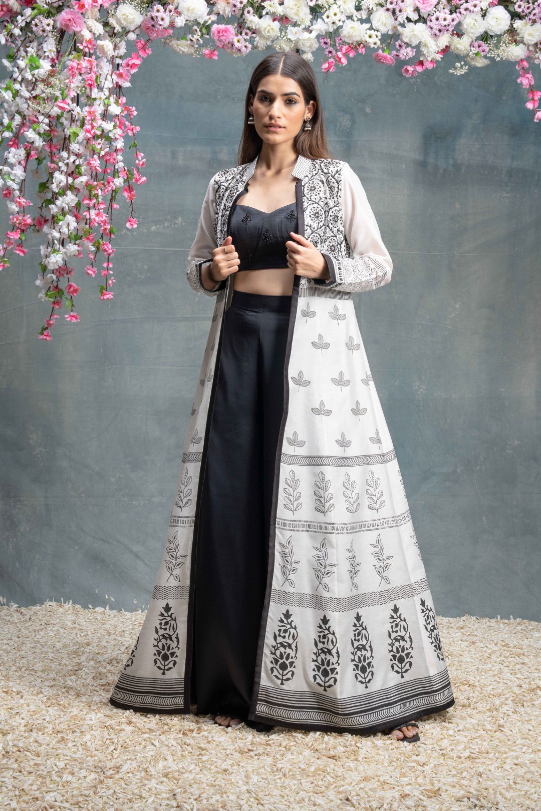 Ivory And Black Hand Block Printed & Embroidered Jacket  Set