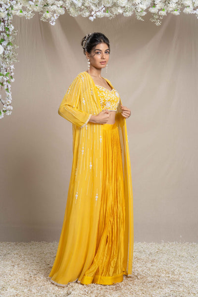 Yellow Dori Work Cape Set With Bustier And  Palazzos