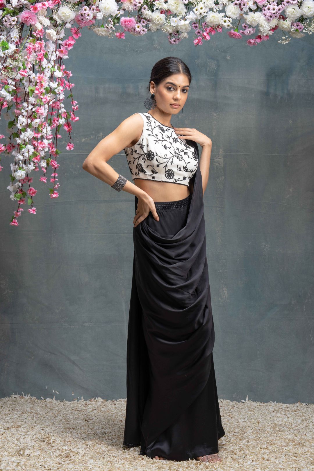 Ivory And Black Predraped Saree With Hand Embroidered Blouse