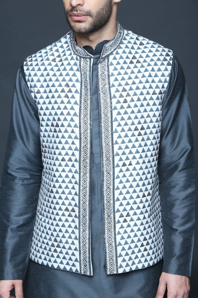 Charcoal Grey Hand Block Print Bundi Jacket Kurta Set
