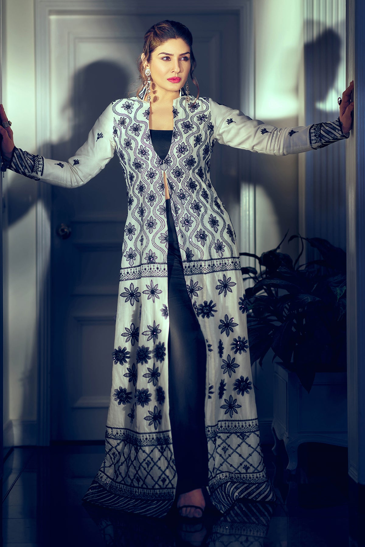 Raveena Tandon in Black & White Applique Work Jacket Set