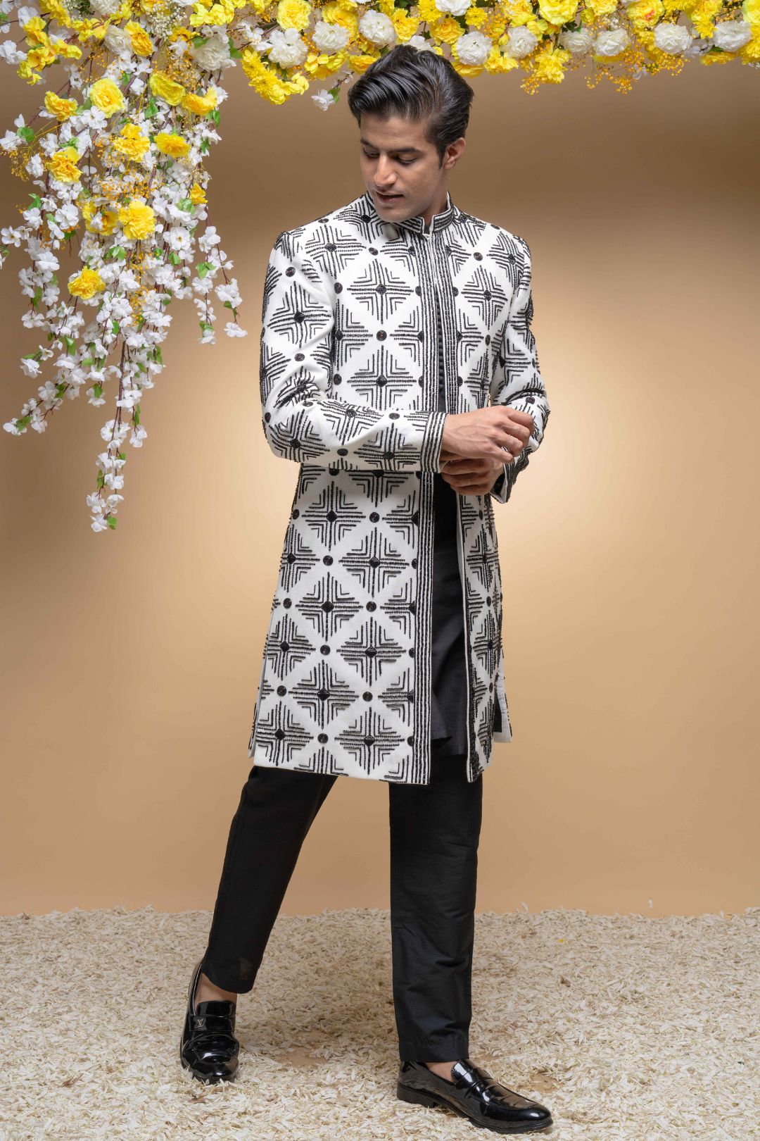 Ivory And Black Indo Western Jacket Set With Kurta Set