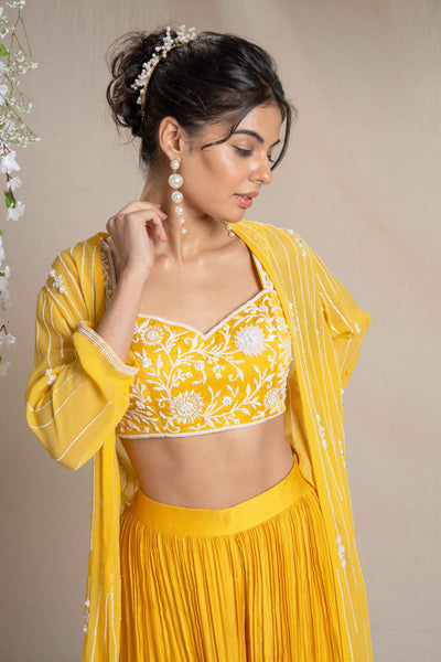 Yellow Dori Work Cape Set With Bustier And  Palazzos