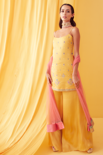 Canary Yellow Mughal Motifs Sharara Set